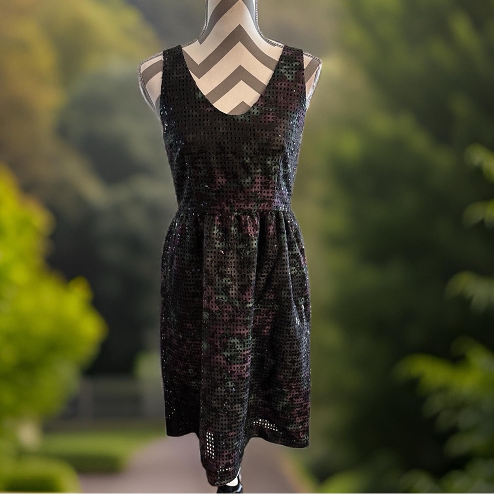 Trina Turk Petunia Sequin Mesh Dress 6 Floral Black Green Purple Cocktail Pocket